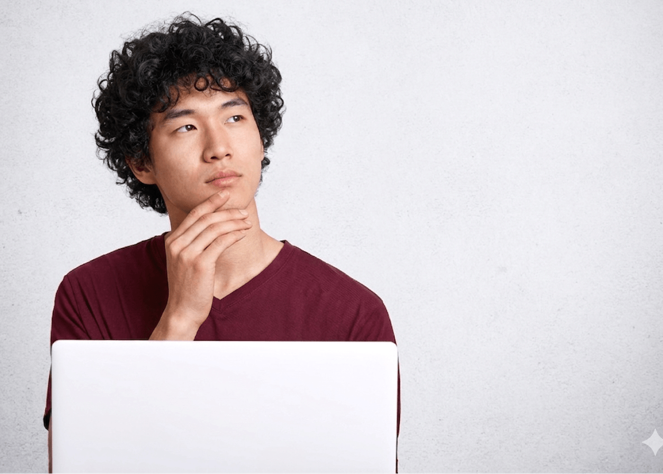 Team member thinking while working on a laptop